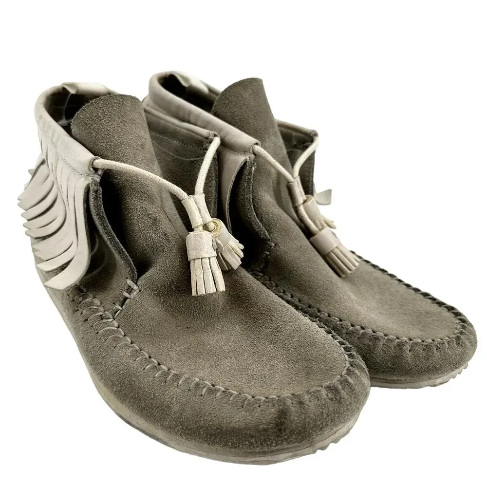 RAG & BONE Ghita Fringed Moccasins Tassel Tie Ankle Suede Leather Gray Boho 6